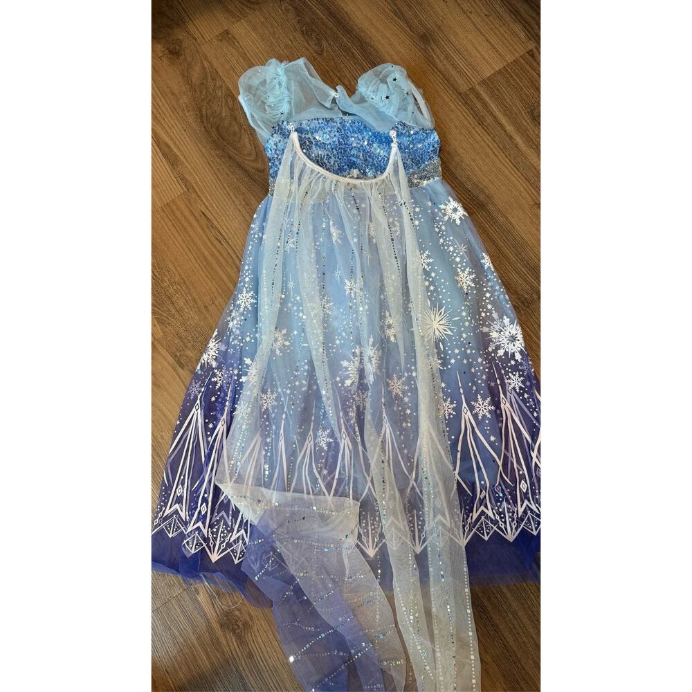 Frozen Elsa Costume Dress Girls Blue Sequin Snowflake Cape 110/4-5 - Picture 2 of 10